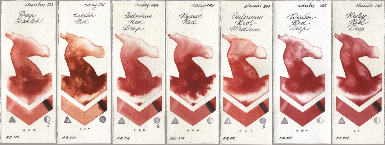 Daniel Smith 033 Deep Scarlet, Rosa Gallery 736 English Red, 774 Cadmium Red Deep, 775 Pyrrole Red, Shminke Horadam Aquarell 347 Cadmium Red Medium, Winsor & Newton Professional 725 Winsor Red Deep, 346 Ruby Red De watercolor swatch