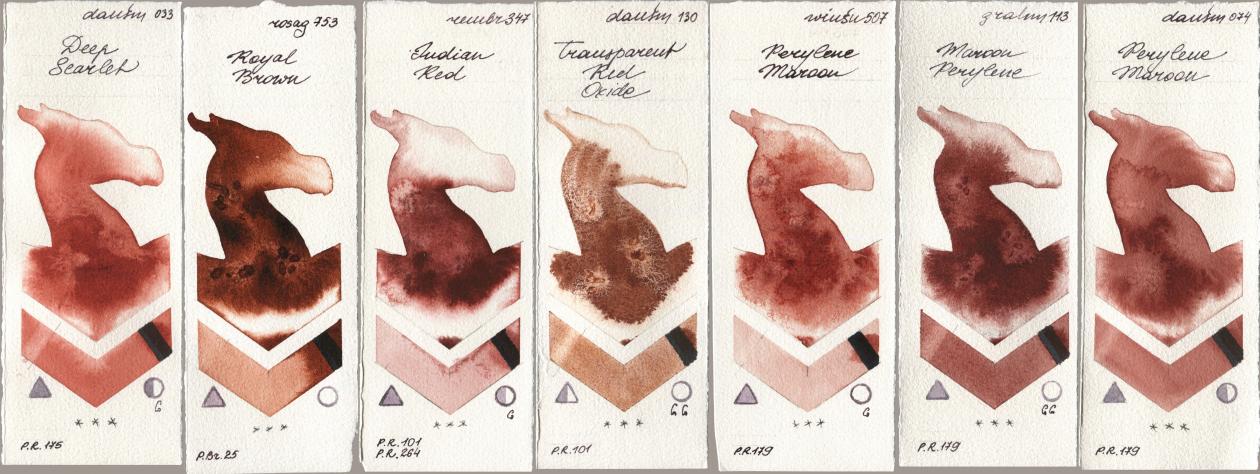 Daniel Smith 033 Deep Scarlet, Rosa Gallery 753 Royal Brown, Royal Talens Rembrandt Watercolour 347 Indian Red, 130 Transparent Red Oxide, Winsor & Newton Professional 507 Perylene Maroon, M. Graham & Co. Artists 113 Maroon Perylene, 074 Perylene Maro watercolor swatch
