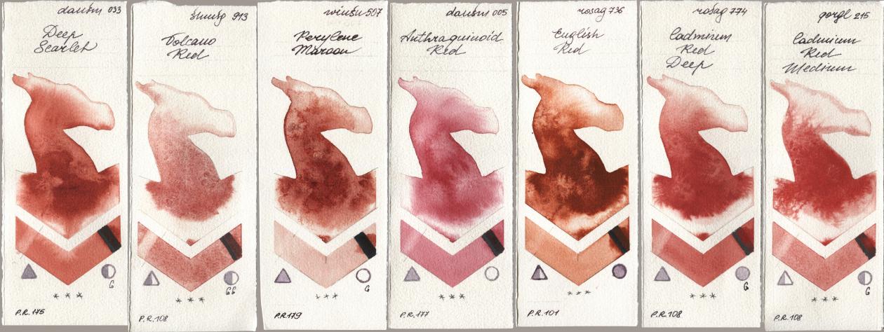 Daniel Smith 033 Deep Scarlet, Shminke Horadam Aquarell 913 Volcano Red, Winsor & Newton Professional 507 Perylene Maroon, 005 Anthraquinoid Red, Rosa Gallery 736 English Red, 774 Cadmium Red Deep, Golden QOR 215 Cadmium Red Medi watercolor swatch
