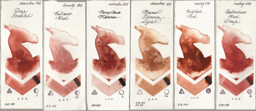 Daniel Smith 033 Deep Scarlet, Shminke Horadam Aquarell 913 Volcano Red, Winsor & Newton Professional 507 Perylene Maroon, 230 Burnt Sienna Light, Rosa Gallery 736 English Red, 774 Cadmium Red De watercolor swatch