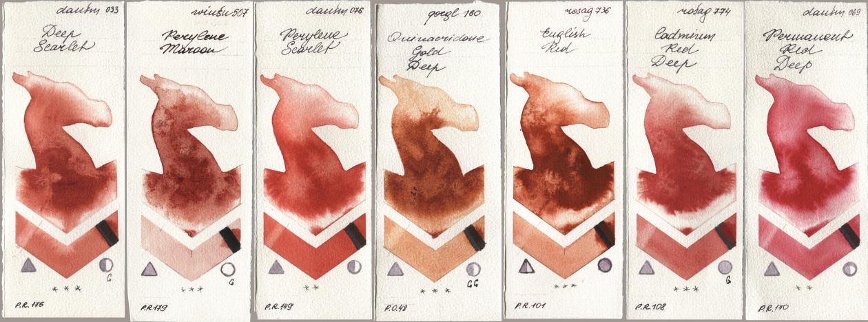 Daniel Smith 033 Deep Scarlet, Winsor & Newton Professional 507 Perylene Maroon, 076 Perylene Scarlet, Golden QOR 160 Quinacridone Gold Deep, Rosa Gallery 736 English Red, 774 Cadmium Red Deep, 069 Permanent Red De watercolor swatch