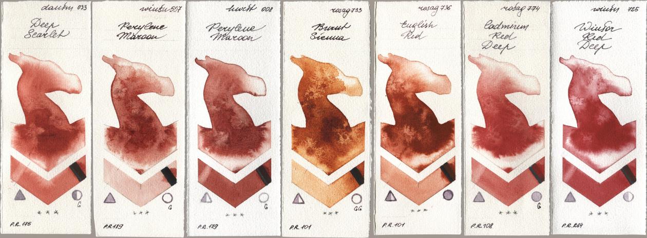 Daniel Smith 033 Deep Scarlet, Winsor & Newton Professional 507 Perylene Maroon, Holbein Artists Watercolor 008 Perylene Maroon, Rosa Gallery 733 Burnt Sienna, 736 English Red, 774 Cadmium Red Deep, 725 Winsor Red De watercolor swatch
