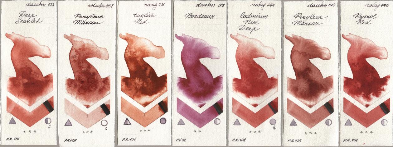 Daniel Smith 033 Deep Scarlet, Winsor & Newton Professional 507 Perylene Maroon, Rosa Gallery 736 English Red, 008 Bordeaux, 774 Cadmium Red Deep, 074 Perylene Maroon, 775 Pyrrole R watercolor swatch
