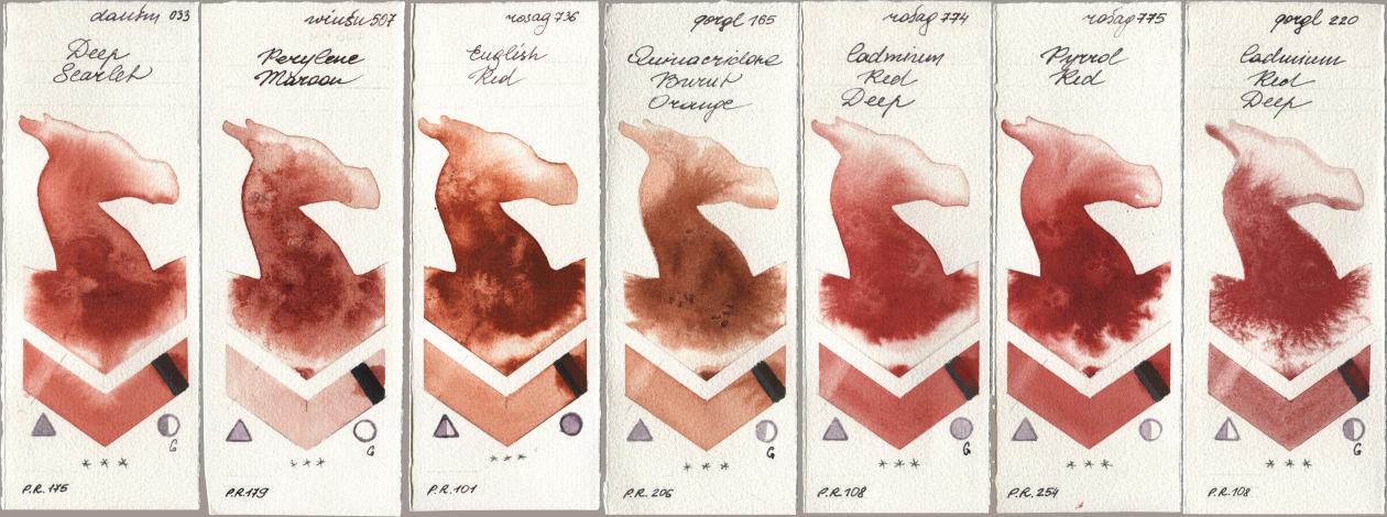 Daniel Smith 033 Deep Scarlet, Winsor & Newton Professional 507 Perylene Maroon, Rosa Gallery 736 English Red, Golden QOR 165 Quinacridone Burnt Orange, 774 Cadmium Red Deep, 775 Pyrrole Red, 220 Cadmium Red De watercolor swatch