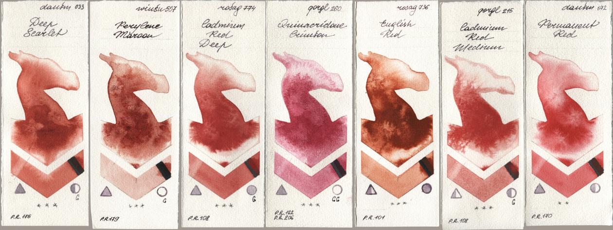 Daniel Smith 033 Deep Scarlet, Winsor & Newton Professional 507 Perylene Maroon, Rosa Gallery 774 Cadmium Red Deep, Golden QOR 260 Quinacridone Crimson, 736 English Red, 215 Cadmium Red Medium, 072 Permanent R watercolor swatch