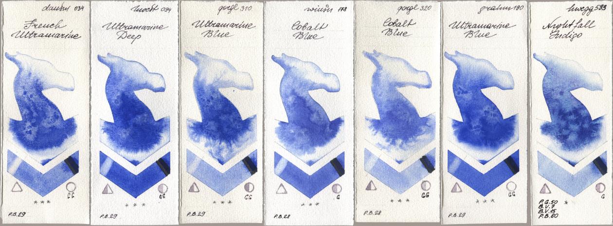 Daniel Smith 034 French Ultramarine, Holbein Artists Watercolor 094 Ultramarine Deep, Golden QOR 310 Ultramarine Blue, Winsor & Newton Professional 178 Cobalt Blue, 320 Cobalt Blue, M. Graham & Co. Artists 190 Ultramarine Blue, 533 Nightfall Indi watercolor swatch