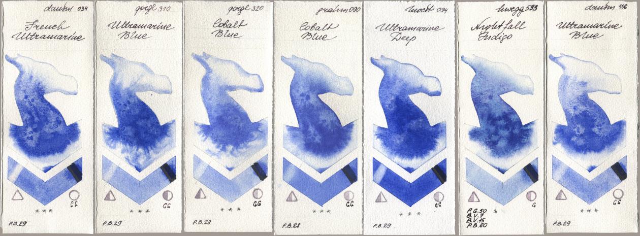 Daniel Smith 034 French Ultramarine, Golden QOR 310 Ultramarine Blue, 320 Cobalt Blue, M. Graham & Co. Artists 090 Cobalt Blue, Holbein Artists Watercolor 094 Ultramarine Deep, 533 Nightfall Indigo, 106 Ultramarine Bl watercolor swatch