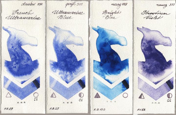 Daniel Smith 034 French Ultramarine, Golden QOR 310 Ultramarine Blue, Rosa Gallery 729 Bright Blue, Roman Szmal Aquarius 377 Strontium Viol watercolor swatch