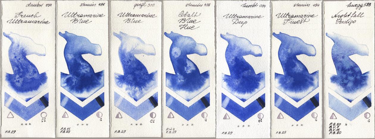 Daniel Smith 034 French Ultramarine, Shminke Horadam Aquarell 496 Ultramarine Blue, Golden QOR 310 Ultramarine Blue, 486 Cobalt Blue Hue, Holbein Artists Watercolor 094 Ultramarine Deep, 494 Ultramarine Finest, 533 Nightfall Indi watercolor swatch