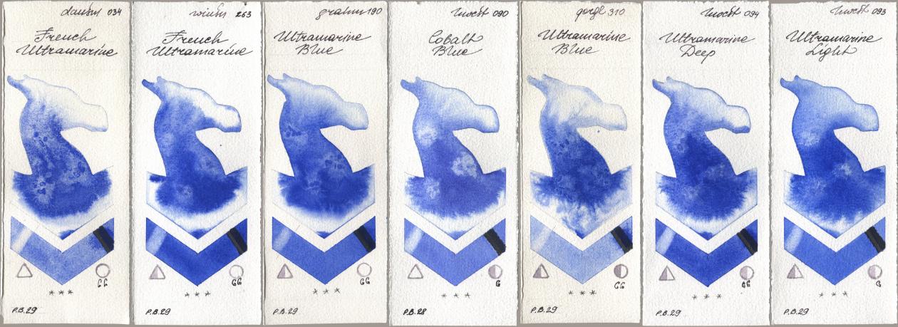 Daniel Smith 034 French Ultramarine, Winsor & Newton Professional 263 French Ultramarine, M. Graham & Co. Artists 190 Ultramarine Blue, Holbein Artists Watercolor 090 Cobalt Blue, Golden QOR 310 Ultramarine Blue, 094 Ultramarine Deep, 093 Ultramarine Lig watercolor swatch
