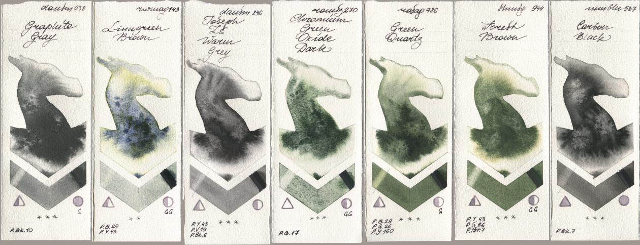 Daniel Smith 038 Graphite Gray, Rockwell 143 Limugreen Brown, 246 Joseph Zs Warm Grey, Roman Szmal Aquarius 270 Chromium Green Oxide Dark, Rosa Gallery 786 Green Quartz, Shminke Horadam Aquarell 944 Forest Brown, Maimeri Blu 537 Carbon Bla watercolor swatch