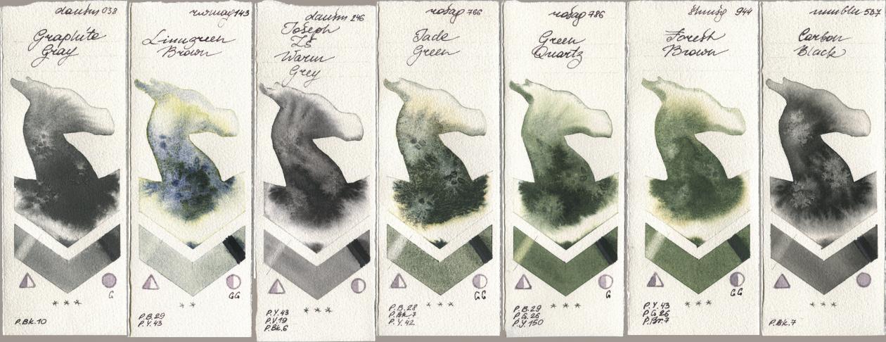 Daniel Smith 038 Graphite Gray, Rockwell 143 Limugreen Brown, 246 Joseph Zs Warm Grey, Rosa Gallery 766 Jade Green, 786 Green Quartz, Shminke Horadam Aquarell 944 Forest Brown, Maimeri Blu 537 Carbon Bla watercolor swatch