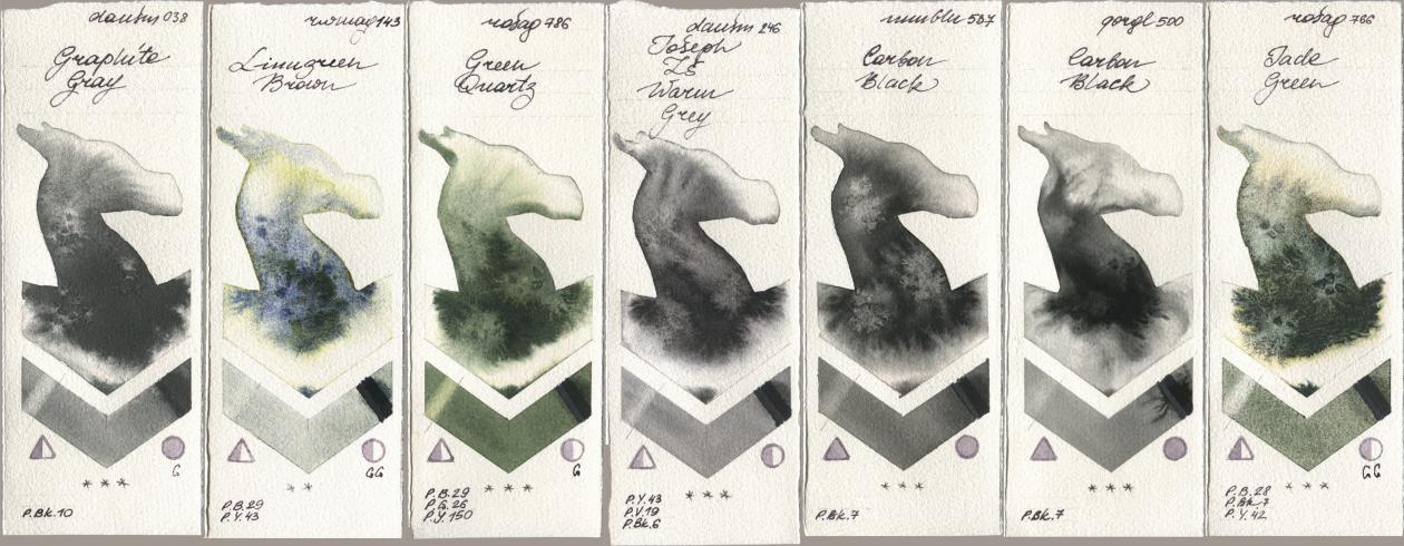 Daniel Smith 038 Graphite Gray, Rockwell 143 Limugreen Brown, Rosa Gallery 786 Green Quartz, 246 Joseph Zs Warm Grey, Maimeri Blu 537 Carbon Black, Golden QOR 500 Carbon Black, 766 Jade Gre watercolor swatch