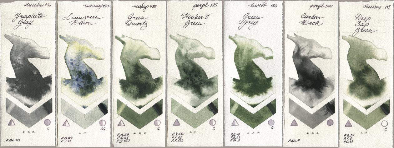 Daniel Smith 038 Graphite Gray, Rockwell 143 Limugreen Brown, Rosa Gallery 786 Green Quartz, Golden QOR 395 Hookers Green, Holbein Artists Watercolor 152 Green Grey, 500 Carbon Black, 175 Deep Sap Gre watercolor swatch