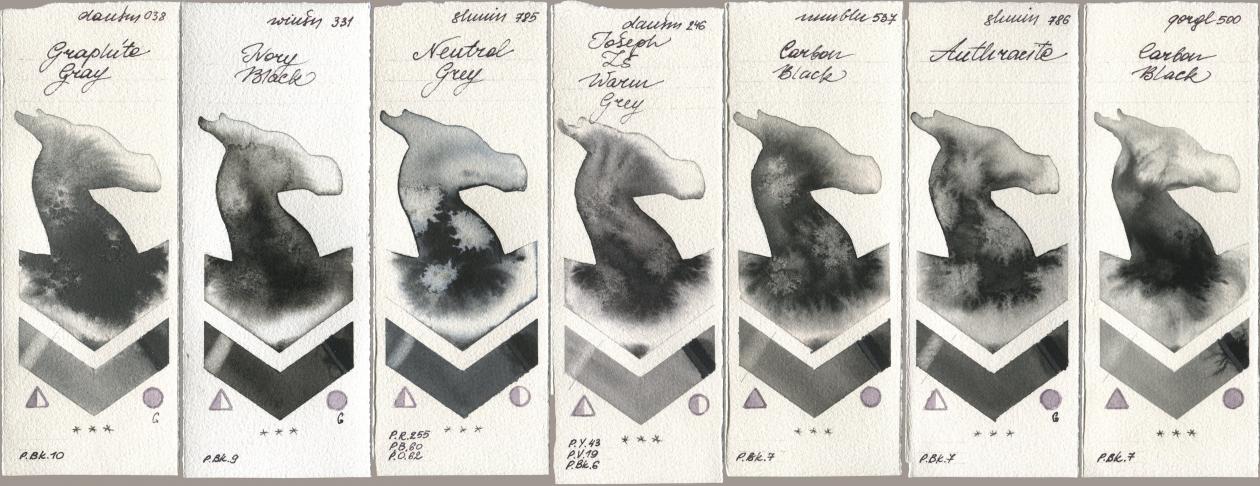 Daniel Smith 038 Graphite Gray, Winsor & Newton Professional 331 Ivory Black, Shminke Horadam Aquarell 785 Neutral Grey, 246 Joseph Zs Warm Grey, Maimeri Blu 537 Carbon Black, 786 Anthracite, Golden QOR 500 Carbon Bla watercolor swatch