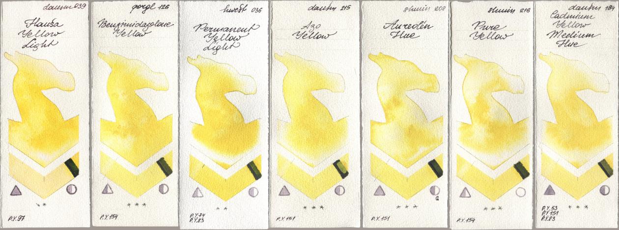 Daniel Smith 039 Hansa Yellow Light, Golden QOR 126 Benzimidazolone Yellow, Holbein Artists Watercolor 036 Permanent Yellow Light, 215 Azo Yellow, Shminke Horadam Aquarell 208 Aureolin Hue, 216 Pure Yellow, 184 Cadmium Yellow Medium H watercolor swatch