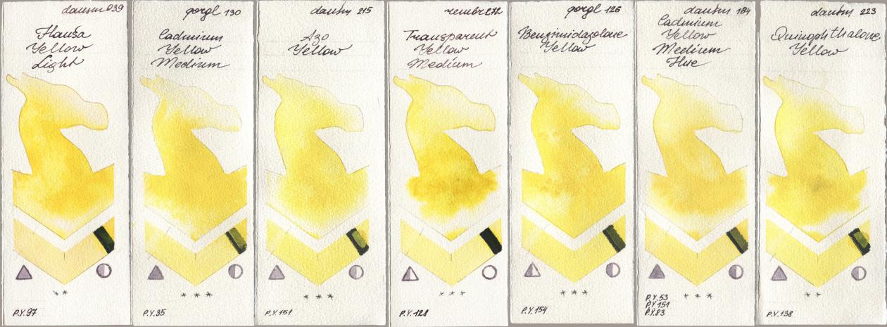 Daniel Smith 039 Hansa Yellow Light, Golden QOR 130 Cadmium Yellow Medium, 215 Azo Yellow, Royal Talens Rembrandt Watercolour 272 Transparent Yellow Medium, 126 Benzimidazolone Yellow, 184 Cadmium Yellow Medium Hue, 223 Quinophthalone Yell watercolor swatch