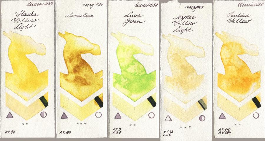 Daniel Smith 039 Hansa Yellow Light vs Rosa Gallery 751 Aureoline vs Kuretake Gansai Tambi 059 Lime Green vs 745 Naples Yellow Light vs Shminke Horadam Aquarell 220 Indian Yellow watercolor swatch