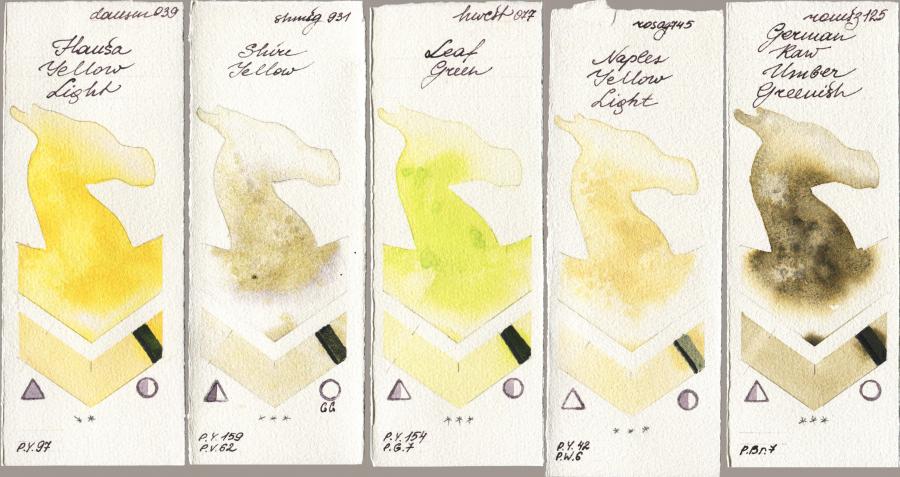 Daniel Smith 039 Hansa Yellow Light vs Shminke Horadam Aquarell 931 Shire Yellow vs Holbein Artists Watercolor 077 Leaf Green vs Rosa Gallery 745 Naples Yellow Light vs Roman Szmal Aquarius 125 German Raw Umber Greenish watercolor swatch
