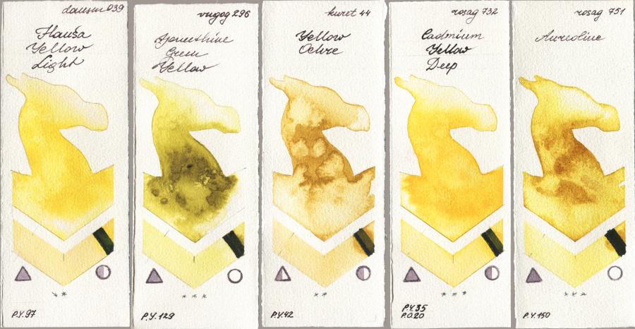 Daniel Smith 039 Hansa Yellow Light vs Royal Talens Van Gogh Watercolour 296 Azomethine Green Yellow vs Kuretake Gansai Tambi 044 Yellow Ochre vs Rosa Gallery 732 Cadmium Yellow Deep vs 751 Aureoline watercolor swatch
