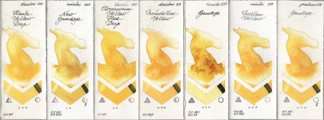 Daniel Smith 040 Hansa Yellow Deep, Winsor & Newton Professional 267 New Gamboge, Shminke Horadam Aquarell 213 Chrome Yellow Deep LF (Chromium Yellow Hue Deep), 218 Isoindoline Yellow, Royal Talens Rembrandt Watercolour 238 Gamboge, 319 Indian Yellow, M. Graham & Co. Artists 105 Gambo watercolor swatch