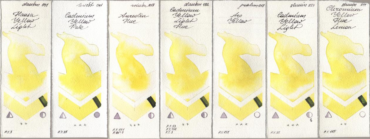 Daniel Smith 041 Hansa Yellow Light, Holbein Artists Watercolor 041 Cadmium Yellow Pale, Winsor & Newton Professional 417 Aureolin Hue, 192 Cadmium Yellow Light Hue, M. Graham & Co. Artists 018 Azo Yellow, Shminke Horadam Aquarell 224 Cadmium Yellow Light, 211 Chromium Yellow Hue Lem watercolor swatch