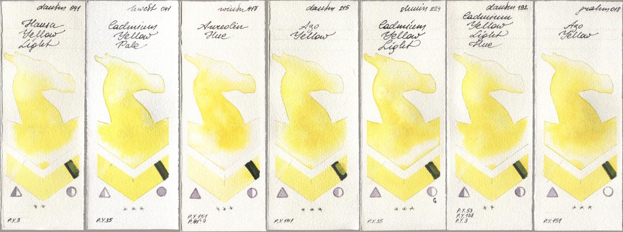 Daniel Smith 041 Hansa Yellow Light, Holbein Artists Watercolor 041 Cadmium Yellow Pale, Winsor & Newton Professional 417 Aureolin Hue, 215 Azo Yellow, Shminke Horadam Aquarell 224 Cadmium Yellow Light, 192 Cadmium Yellow Light Hue, M. Graham & Co. Artists 018 Azo Yell watercolor swatch