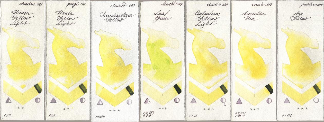 Daniel Smith 041 Hansa Yellow Light, Golden QOR 110 Hansa Yellow Light, Holbein Artists Watercolor 050 Imidazolone Yellow, 077 Leaf Green, Shminke Horadam Aquarell 224 Cadmium Yellow Light, Winsor & Newton Professional 417 Aureolin Hue, M. Graham & Co. Artists 018 Azo Yell watercolor swatch