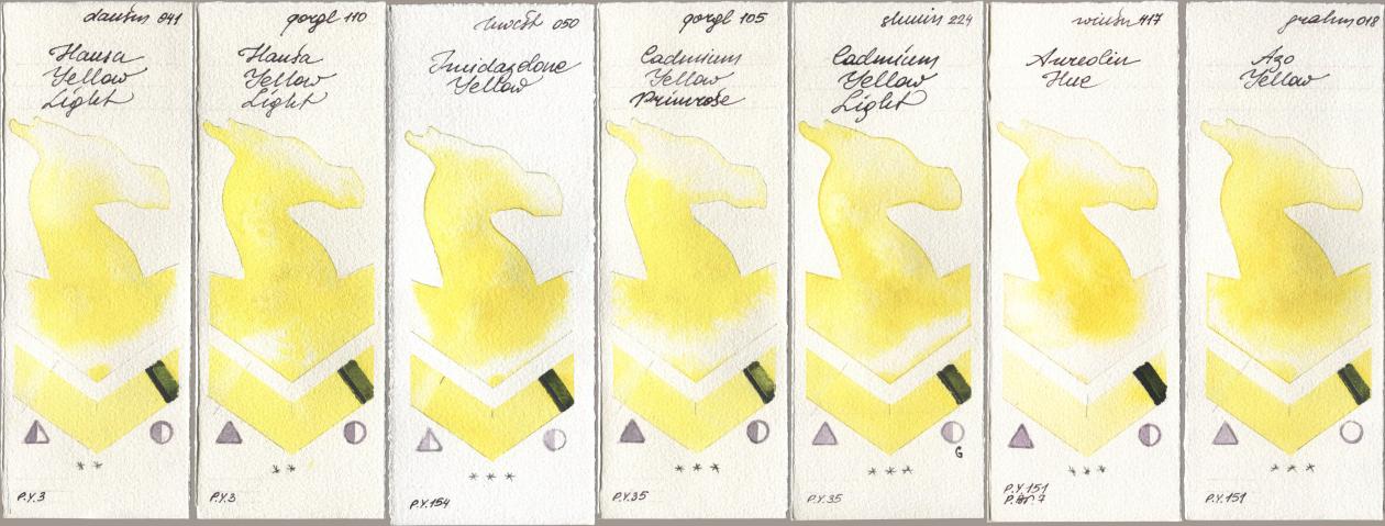 Daniel Smith 041 Hansa Yellow Light, Golden QOR 110 Hansa Yellow Light, Holbein Artists Watercolor 050 Imidazolone Yellow, 105 Cadmium Yellow Primrose, Shminke Horadam Aquarell 224 Cadmium Yellow Light, Winsor & Newton Professional 417 Aureolin Hue, M. Graham & Co. Artists 018 Azo Yell watercolor swatch