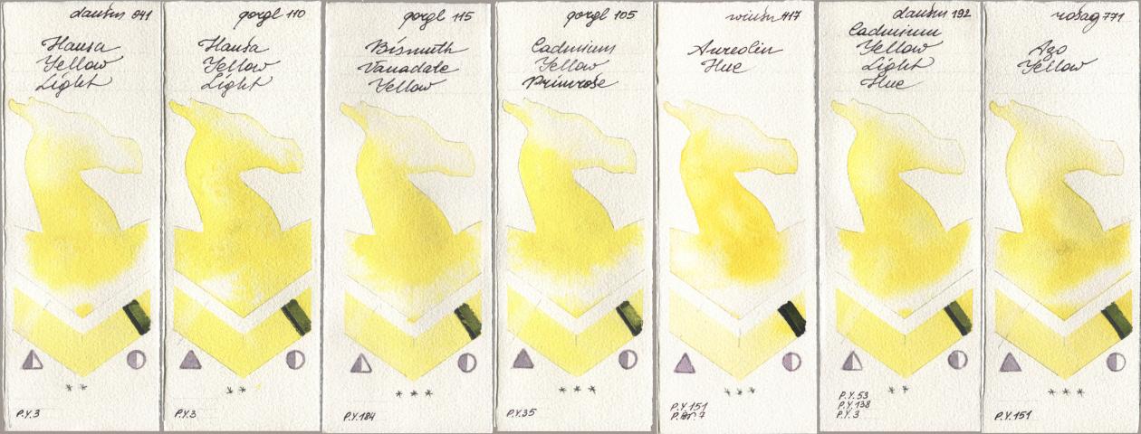 Daniel Smith 041 Hansa Yellow Light, Golden QOR 110 Hansa Yellow Light, 115 Bismuth Vanadate Yellow, 105 Cadmium Yellow Primrose, Winsor & Newton Professional 417 Aureolin Hue, 192 Cadmium Yellow Light Hue, Rosa Gallery 771 Azo Yell watercolor swatch