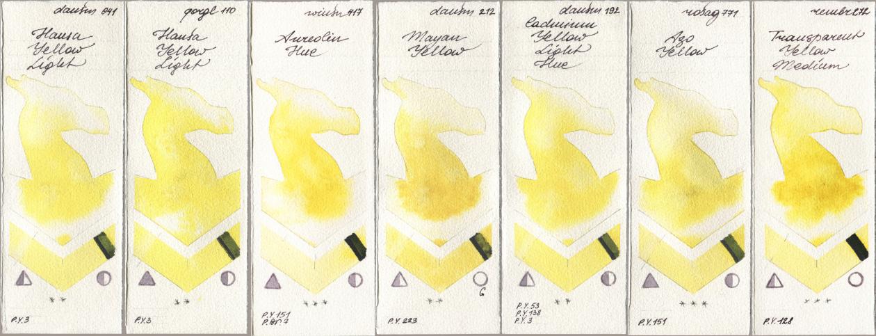 Daniel Smith 041 Hansa Yellow Light, Golden QOR 110 Hansa Yellow Light, Winsor & Newton Professional 417 Aureolin Hue, 212 Mayan Yellow, 192 Cadmium Yellow Light Hue, Rosa Gallery 771 Azo Yellow, Royal Talens Rembrandt Watercolour 272 Transparent Yellow Medi watercolor swatch