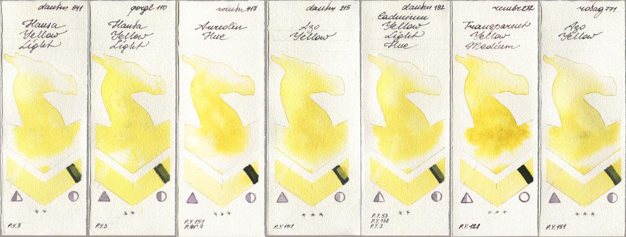 Daniel Smith 041 Hansa Yellow Light, Golden QOR 110 Hansa Yellow Light, Winsor & Newton Professional 417 Aureolin Hue, 215 Azo Yellow, 192 Cadmium Yellow Light Hue, Royal Talens Rembrandt Watercolour 272 Transparent Yellow Medium, Rosa Gallery 771 Azo Yell watercolor swatch