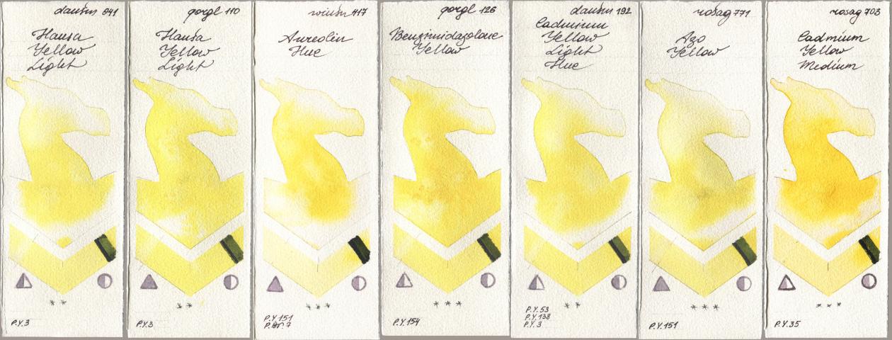 Daniel Smith 041 Hansa Yellow Light, Golden QOR 110 Hansa Yellow Light, Winsor & Newton Professional 417 Aureolin Hue, 126 Benzimidazolone Yellow, 192 Cadmium Yellow Light Hue, Rosa Gallery 771 Azo Yellow, 703 Cadmium Yellow Medi watercolor swatch