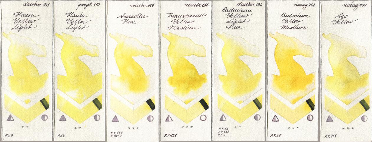 Daniel Smith 041 Hansa Yellow Light, Golden QOR 110 Hansa Yellow Light, Winsor & Newton Professional 417 Aureolin Hue, Royal Talens Rembrandt Watercolour 272 Transparent Yellow Medium, 192 Cadmium Yellow Light Hue, Rosa Gallery 703 Cadmium Yellow Medium, 771 Azo Yell watercolor swatch
