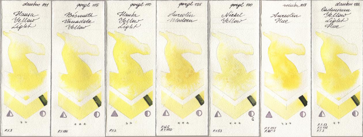 Daniel Smith 041 Hansa Yellow Light, Golden QOR 115 Bismuth Vanadate Yellow, 110 Hansa Yellow Light, 135 Aureolin Modern, 100 Nickel Yellow, Winsor & Newton Professional 417 Aureolin Hue, 192 Cadmium Yellow Light H watercolor swatch