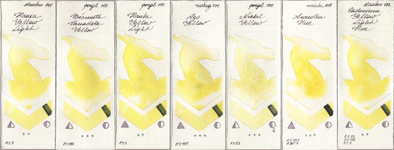 Daniel Smith 041 Hansa Yellow Light, Golden QOR 115 Bismuth Vanadate Yellow, 110 Hansa Yellow Light, Rosa Gallery 771 Azo Yellow, 100 Nickel Yellow, Winsor & Newton Professional 417 Aureolin Hue, 192 Cadmium Yellow Light H watercolor swatch