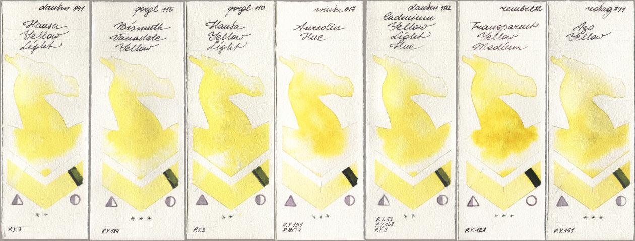 Daniel Smith 041 Hansa Yellow Light, Golden QOR 115 Bismuth Vanadate Yellow, 110 Hansa Yellow Light, Winsor & Newton Professional 417 Aureolin Hue, 192 Cadmium Yellow Light Hue, Royal Talens Rembrandt Watercolour 272 Transparent Yellow Medium, Rosa Gallery 771 Azo Yell watercolor swatch