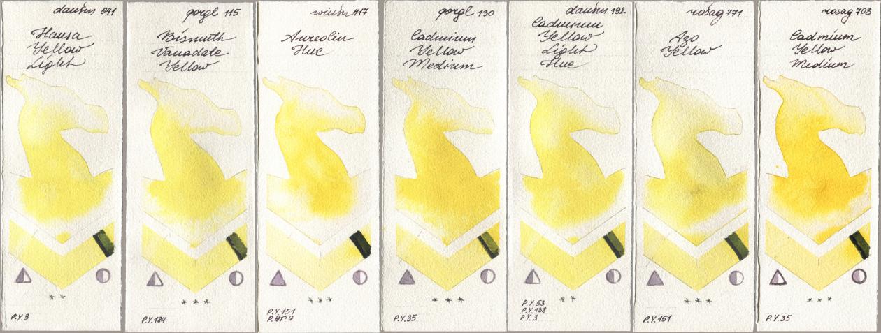 Daniel Smith 041 Hansa Yellow Light, Golden QOR 115 Bismuth Vanadate Yellow, Winsor & Newton Professional 417 Aureolin Hue, 130 Cadmium Yellow Medium, 192 Cadmium Yellow Light Hue, Rosa Gallery 771 Azo Yellow, 703 Cadmium Yellow Medi watercolor swatch