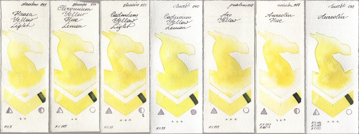 Daniel Smith 041 Hansa Yellow Light, Shminke Horadam Aquarell 211 Chromium Yellow Hue Lemon, 224 Cadmium Yellow Light, Holbein Artists Watercolor 040 Cadmium Yellow Lemon, M. Graham & Co. Artists 018 Azo Yellow, Winsor & Newton Professional 417 Aureolin Hue, 039 Aureol watercolor swatch