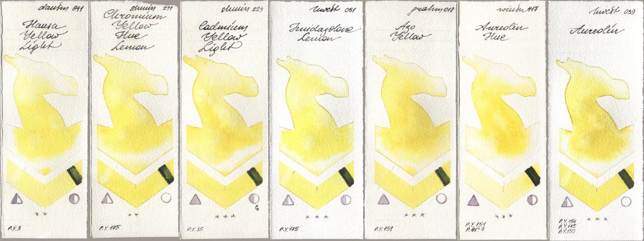 Daniel Smith 041 Hansa Yellow Light, Shminke Horadam Aquarell 211 Chromium Yellow Hue Lemon, 224 Cadmium Yellow Light, Holbein Artists Watercolor 051 Imidazolone Lemon, M. Graham & Co. Artists 018 Azo Yellow, Winsor & Newton Professional 417 Aureolin Hue, 039 Aureol watercolor swatch