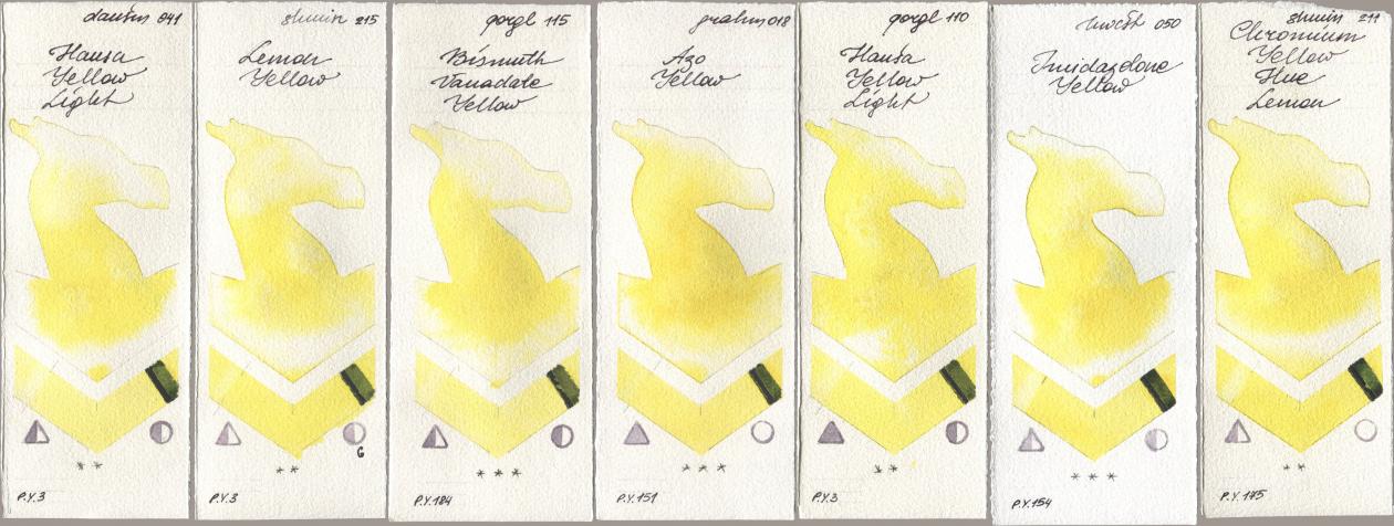 Daniel Smith 041 Hansa Yellow Light, Shminke Horadam Aquarell 215 Lemon Yellow, Golden QOR 115 Bismuth Vanadate Yellow, M. Graham & Co. Artists 018 Azo Yellow, 110 Hansa Yellow Light, Holbein Artists Watercolor 050 Imidazolone Yellow, 211 Chromium Yellow Hue Lem watercolor swatch