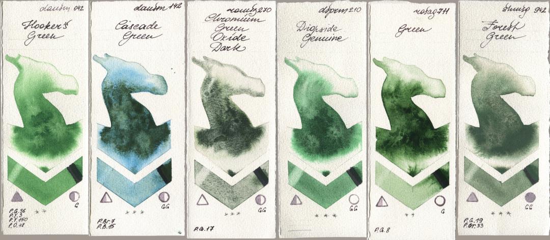 Daniel Smith 042 Hookers Green, 142 Cascade Green, Roman Szmal Aquarius 270 Chromium Green Oxide Dark, 210 Diopside Genuine, Rosa Gallery 711 Green, Shminke Horadam Aquarell 942 Forest Gre watercolor swatch