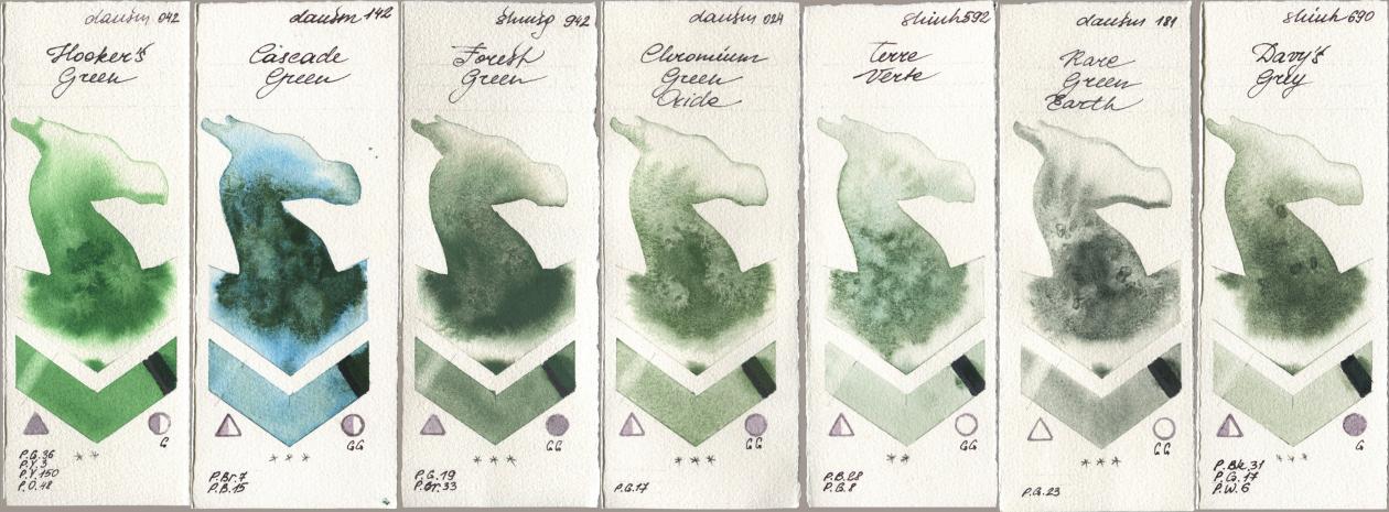 Daniel Smith 042 Hookers Green, 142 Cascade Green, Shminke Horadam Aquarell 942 Forest Green, 024 Chromium Green Oxide, Shinhan PWC 592 Terre Verte, 181 Rare Green Earth, 690 Davys Gr watercolor swatch