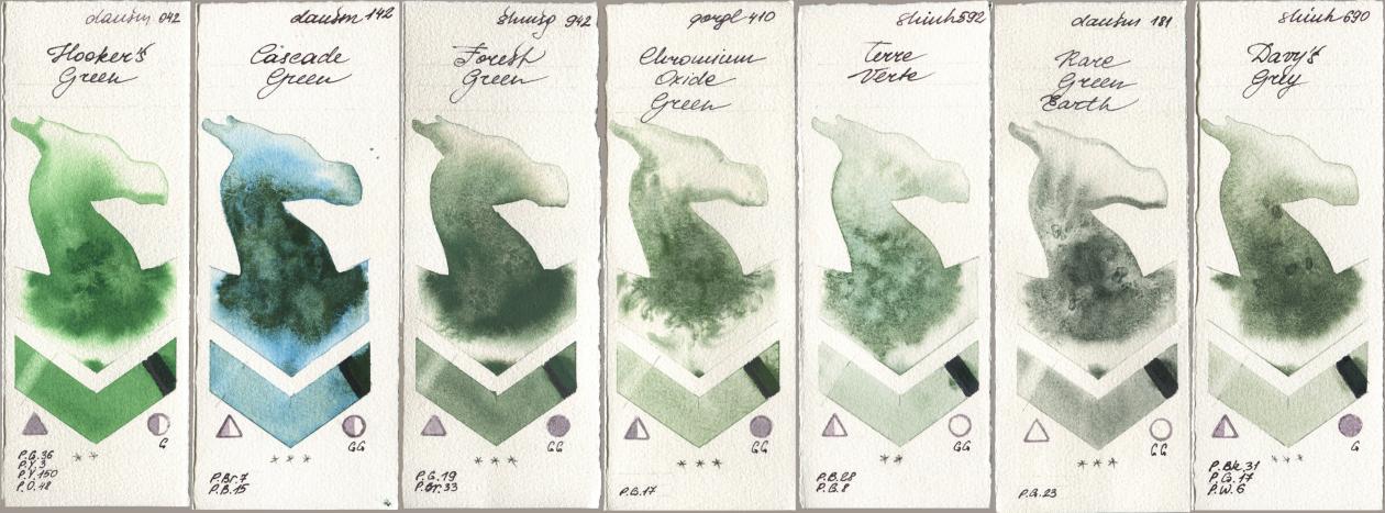 Daniel Smith 042 Hookers Green, 142 Cascade Green, Shminke Horadam Aquarell 942 Forest Green, Golden QOR 410 Chromium Oxide Green, Shinhan PWC 592 Terre Verte, 181 Rare Green Earth, 690 Davys Gr watercolor swatch