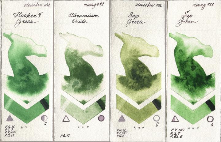 Daniel Smith 042 Hookers Green, Rosa Gallery 743 Chromium Oxide, 102 Sap Green, 728 Sap Gre watercolor swatch