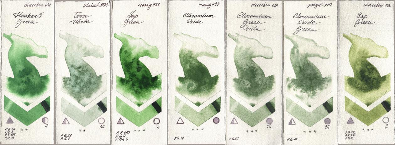 Daniel Smith 042 Hookers Green, Shinhan PWC 592 Terre Verte, Rosa Gallery 728 Sap Green, 743 Chromium Oxide, 024 Chromium Green Oxide, Golden QOR 410 Chromium Oxide Green, 102 Sap Gre watercolor swatch