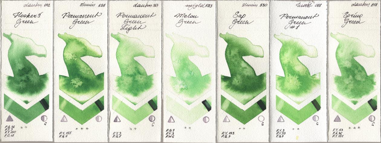 Daniel Smith 042 Hookers Green, Shminke Horadam Aquarell 526 Permanent Green, 067 Permanent Green Light, Mijello Mission Gold 593 Melon Green, 530 Sap Green, Holbein Artists Watercolor 066 Permanent Green No 1, 208 Spring Gre watercolor swatch