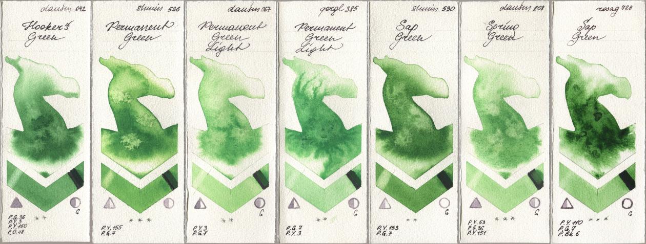 Daniel Smith 042 Hookers Green, Shminke Horadam Aquarell 526 Permanent Green, 067 Permanent Green Light, Golden QOR 385 Permanent Green Light, 530 Sap Green, 208 Spring Green, Rosa Gallery 728 Sap Gre watercolor swatch