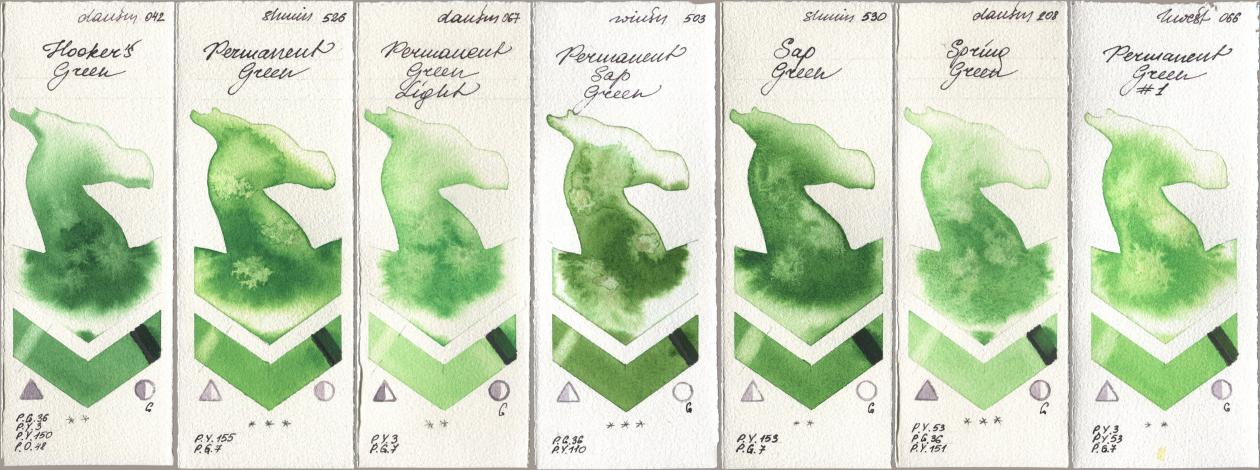 Daniel Smith 042 Hookers Green, Shminke Horadam Aquarell 526 Permanent Green, 067 Permanent Green Light, Winsor & Newton Professional 503 Permanent Sap Green, 530 Sap Green, 208 Spring Green, Holbein Artists Watercolor 066 Permanent Green No watercolor swatch