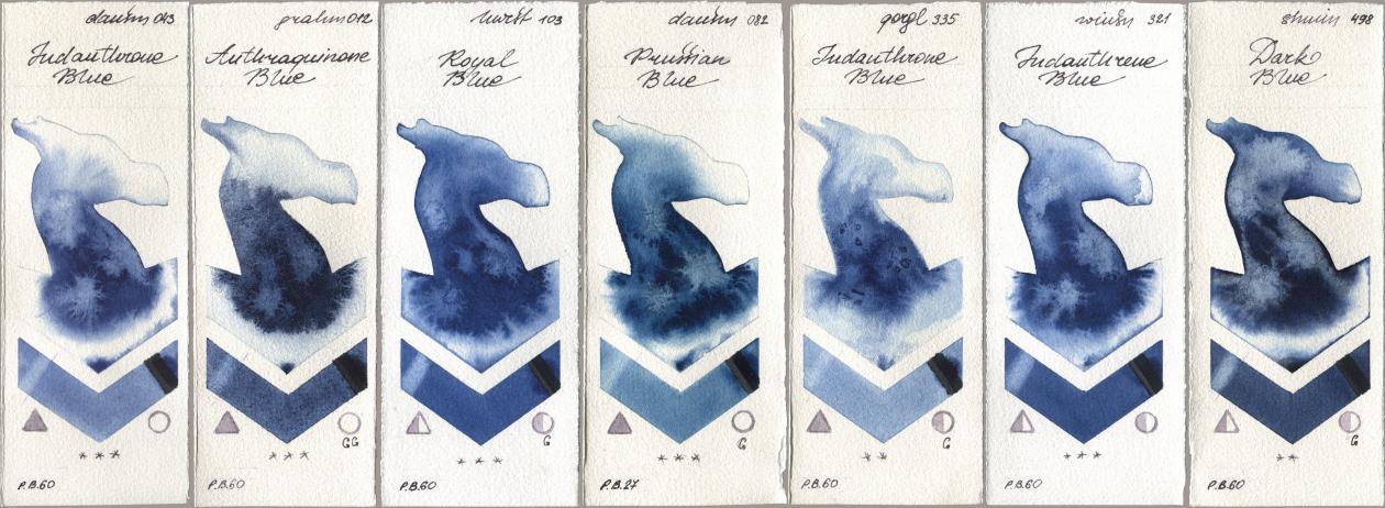 Daniel Smith 043 Indanthrone Blue, M. Graham & Co. Artists 012 Anthraquinone Blue, Holbein Artists Watercolor 103 Royal Blue, 082 Prussian Blue, Golden QOR 335 Indanthrone Blue, Winsor & Newton Professional 321 Indanthrene Blue, Shminke Horadam Aquarell 498 Dark Bl watercolor swatch